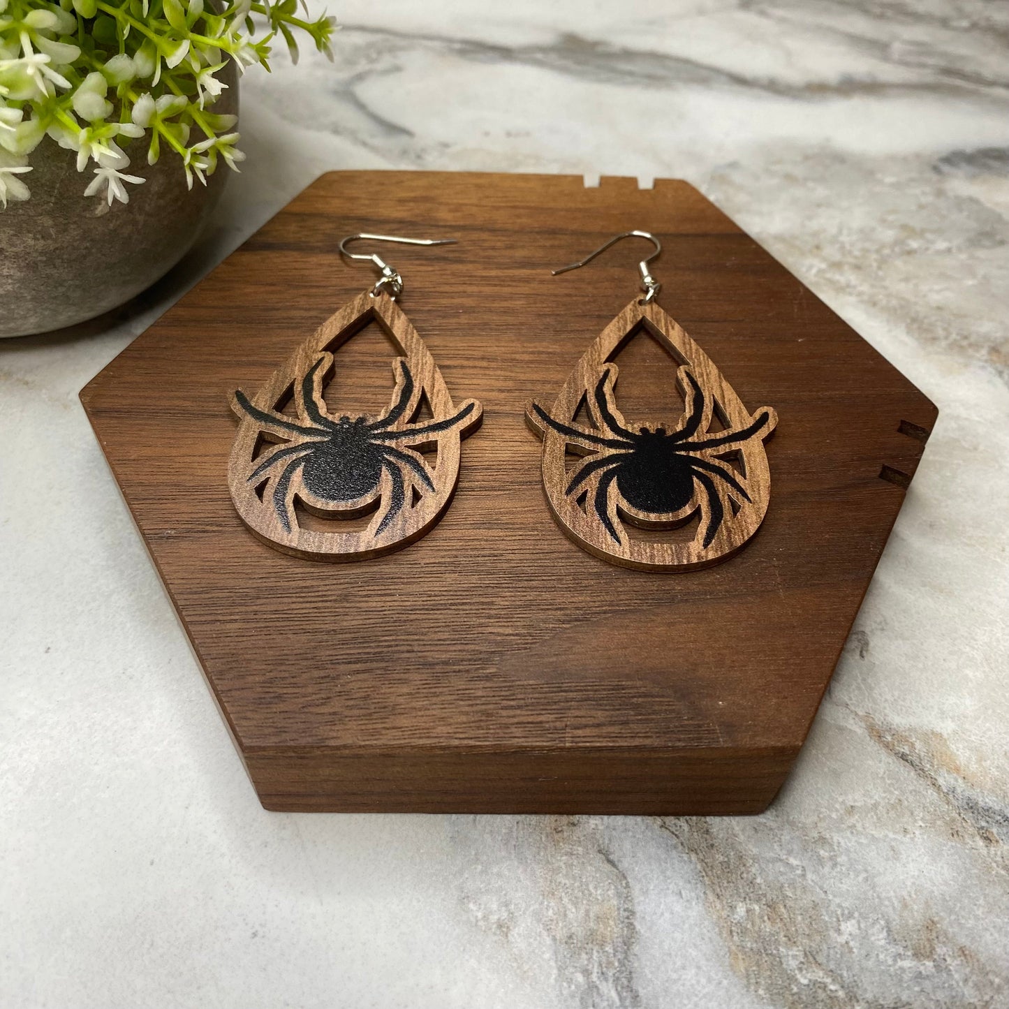 Wooden Dangle Earrings - Halloween - Cutout Spiders