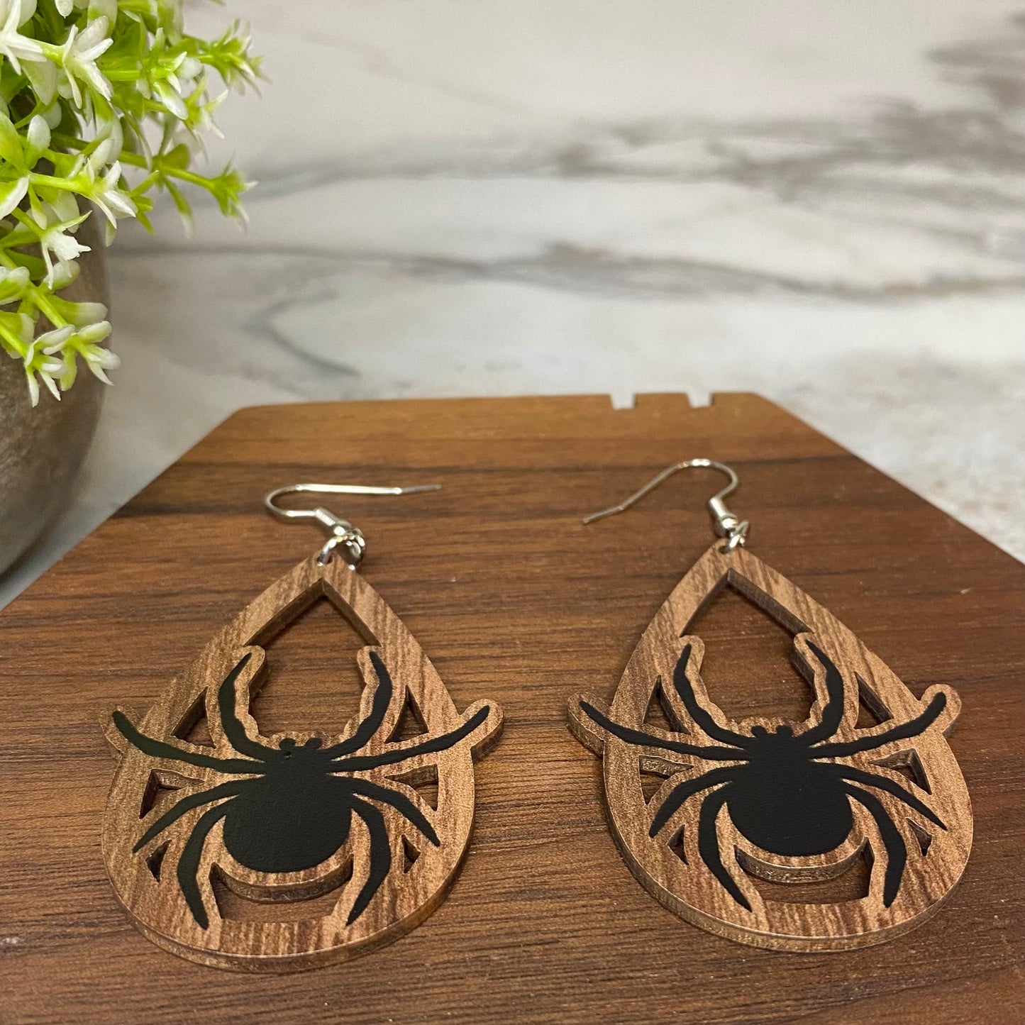 Wooden Dangle Earrings - Halloween - Cutout Spiders