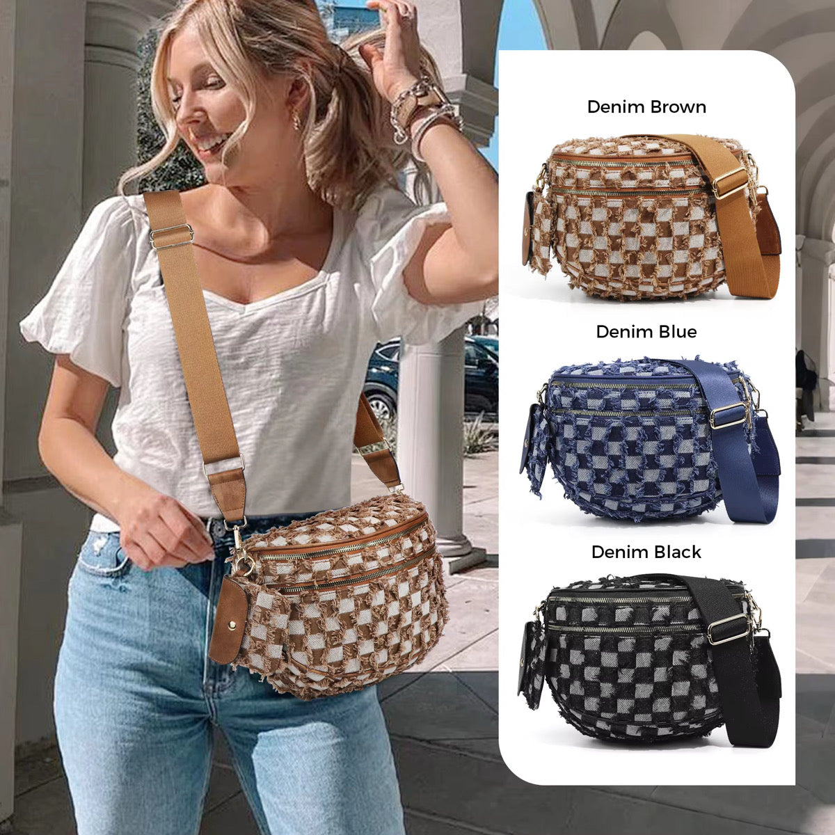 The Roni Nylon Crossbody - Checkered Denim - PREORDER ends 12/2
